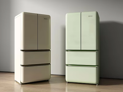 Two Beige and Light Green FIVE Multi Door Refrigerators with Drawer Compartments 3d model