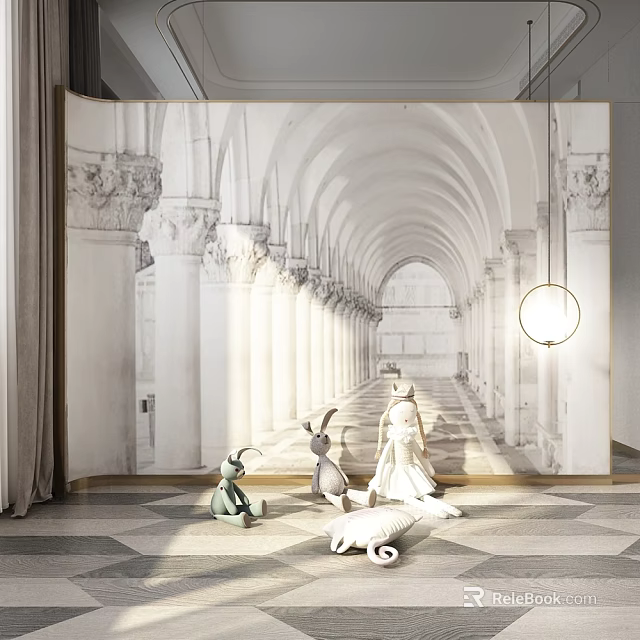 Colorful Stuffed Toys Including Rabbits And Doll In Front Of Black And White Arcade Mural 3d model 