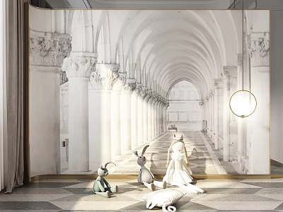 Colorful Stuffed Toys Including Rabbits And Doll In Front Of Black And White Arcade Mural 3d model