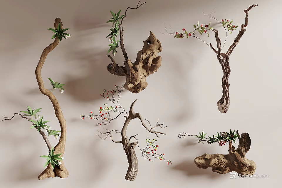 Natural Stone Wood Decorative Artworks With Branches Green Leaves And Red Flowers 3d model 