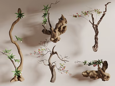 Natural Stone Wood Decorative Artworks With Branches Green Leaves And Red Flowers 3d model