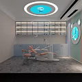 Modern Dental Treatment Room With Pink Chair Blue Ceiling Light And Bear Decoration