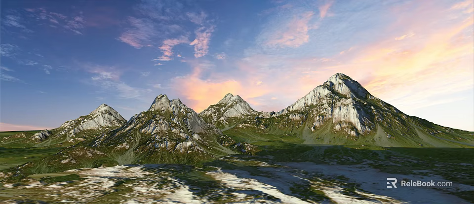 Scenic Garden Landscape With Green Meadows Snowy Mountains Blue Sky And Pink Clouds 3d model 