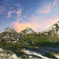 Scenic Garden Landscape With Green Meadows Snowy Mountains Blue Sky And Pink Clouds