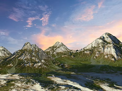 Scenic Garden Landscape With Green Meadows Snowy Mountains Blue Sky And Pink Clouds 3d model