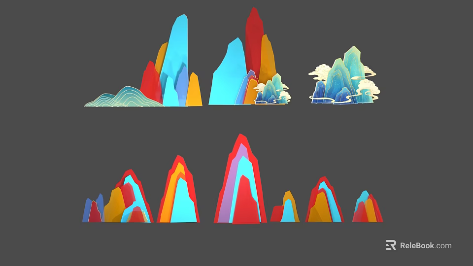 Vibrant Commercial Equipment Illustrations With Colorful Mountain And Cloud Elements 3d model