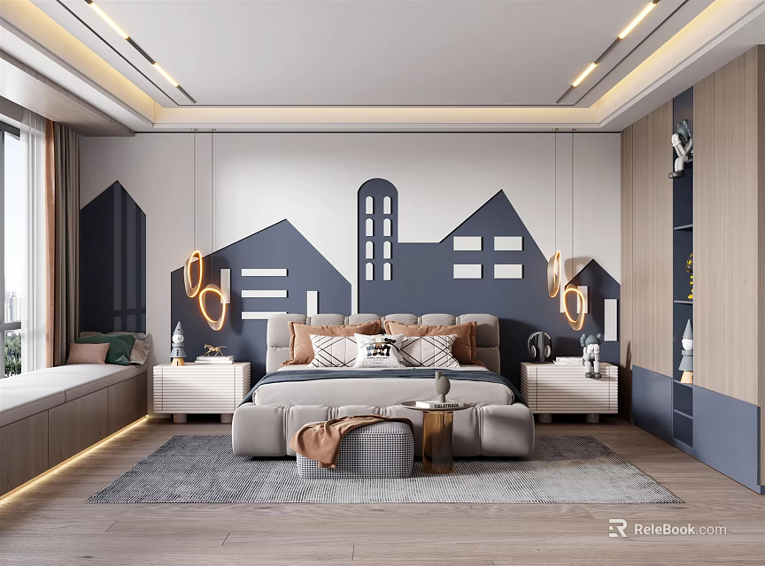 Modern Kids Room Interior With City Themed Wall Bed And Hanging Lights 3d model 