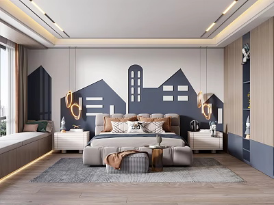 Modern Kids Room Interior With City Themed Wall Bed And Hanging Lights 3d model