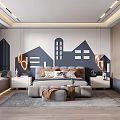Modern Kids Room Interior With City Themed Wall Bed And Hanging Lights