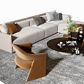 Modern Beige Sofa Coffee Table Set With Decorative Pillows And Plants On Patterned Rug 3d model