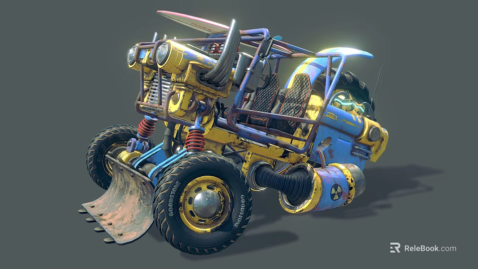 Yellow And Blue Modified Off Road Vehicle With Large Tires Front Scoop And Coil Springs 3d model 