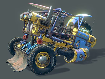 Yellow And Blue Modified Off Road Vehicle With Large Tires Front Scoop And Coil Springs 3d model