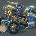 Yellow And Blue Modified Off Road Vehicle With Large Tires Front Scoop And Coil Springs