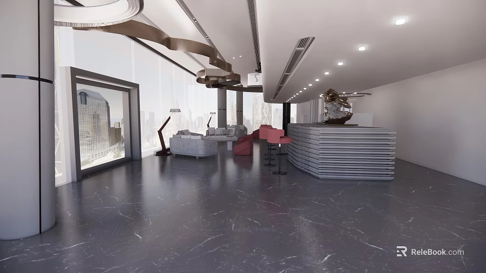 Modern Hotel Lobby Interior Design With Spacious Layout Reception Desk And Sofa 3d model 