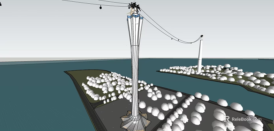 Amusement Rides Tower with Spherical Seats and Cable System Over Water Area 3d model 