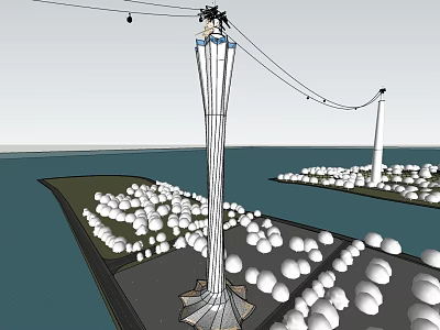 Amusement Rides Tower with Spherical Seats and Cable System Over Water Area 3d model