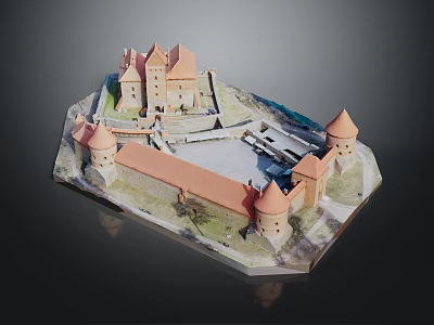 Medieval Castle Model Architecture with Red Roof Towers and Courtyard Design 3d model