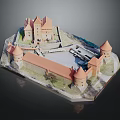 Medieval Castle Model Architecture with Red Roof Towers and Courtyard Design