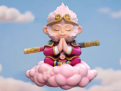 Adorable Monkey Doll with Pink Hair Golden Headpiece Closed Eyes Praying Hands on Pink Cloud 3d model