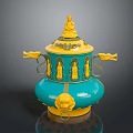 Intricate Decorative Sculpture With Teal Body Yellow Carvings Dragon Handles And Top Statue