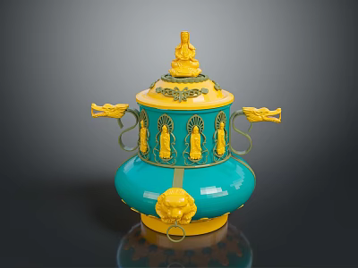 Intricate Decorative Sculpture With Teal Body Yellow Carvings Dragon Handles And Top Statue 3d model
