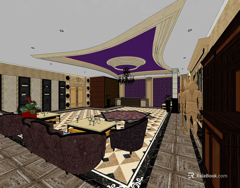 Elegant Store Front Desk Interior With Purple Ceiling Design Marble Floor And Sofa Seating 3d model