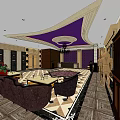 Elegant Store Front Desk Interior With Purple Ceiling Design Marble Floor And Sofa Seating 3d model