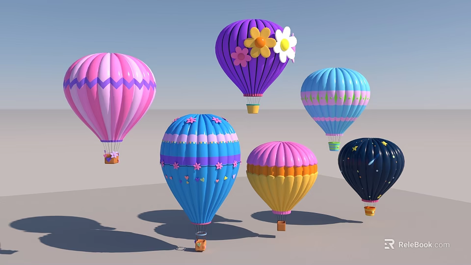 Multiple Colorful Hot Air Balloons With Floral Striped And Polka Dot Patterns 3d model 