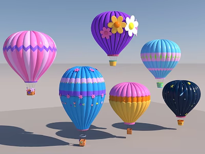 Multiple Colorful Hot Air Balloons With Floral Striped And Polka Dot Patterns 3d model