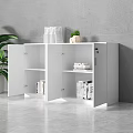 White Console Cabinet with Doors and Drawers Topped with Books Decor Plant Against Gray Wall
