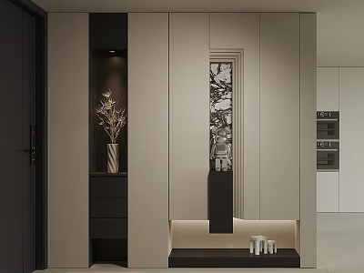 Modern Minimalist Entryway Cabinet Side Cabinet With Sleek Design Mirrored Panel LED Lighting And Decorative Vase 3d model
