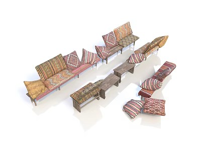 Bohemian Style Multi Seat Sofa With Colorful Striped Cushions And Wooden Coffee Tables 3d model