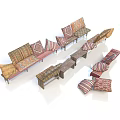 Bohemian Style Multi Seat Sofa With Colorful Striped Cushions And Wooden Coffee Tables