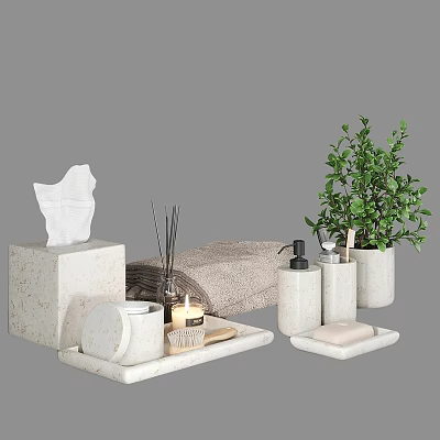 Modern Bathroom Daily Washing Essentials With Tissue Box Aromatic Sticks Candle And Plant 3d model
