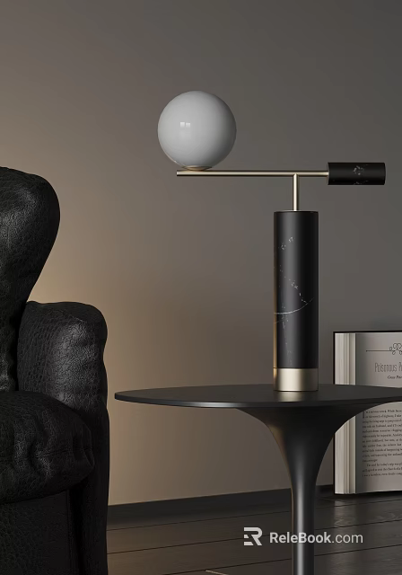 Black Gold Accent Marble Texture Table Lamp on Side Table with Leather Sofa and Books 3d model 