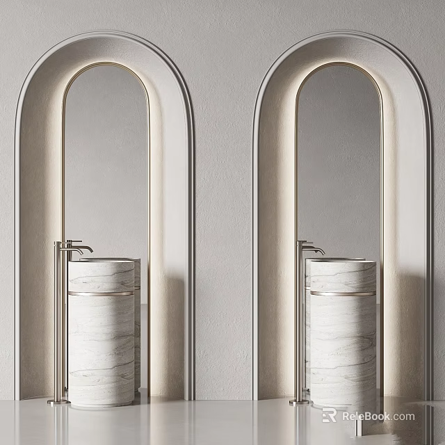 Two Cylindrical Marble Washbasins in Arched Doorframes with Sleek Metal Faucets 3d model 