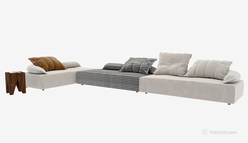 Modern Light Colored L Shaped Sectional Sofa With Brown And Checkered Pillows 3d model 