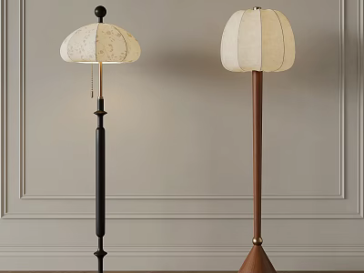 Two Modern Floor Lamps With Black Brown Poles And White Fabric Shades Against Paneled Wall 3d model