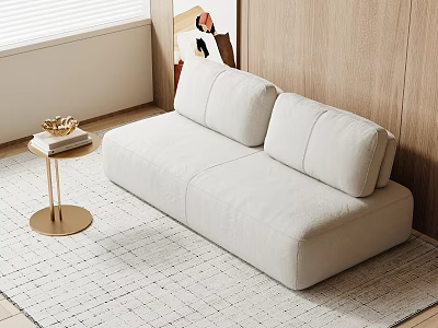 Light Colored Modern Two Seater Sofa With Wooden Wall Side Table And Area Rug 3d model