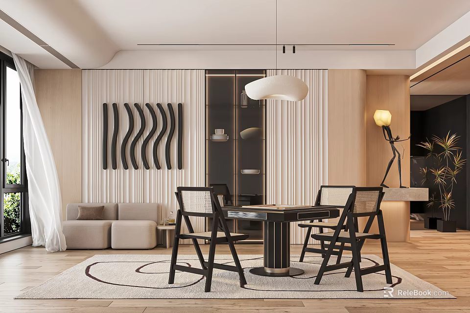 Modern Hotel Mahjong Room Interior With Sofa Table Chairs Decorative Painting Pendant Light And Rug 3d model 