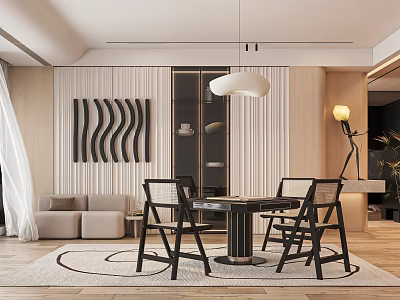 Modern Hotel Mahjong Room Interior With Sofa Table Chairs Decorative Painting Pendant Light And Rug 3d model