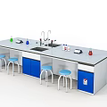 Modern Laboratory Workspace With Lab Bench Faucet Bottles Blue Cabinets And Stools