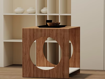 Stylish Wooden Side Table With Circular Cutouts And White Vases On Shelves 3d model
