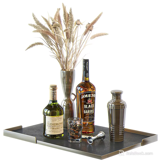 Elegant Liquor Bottles and Glass with Dried Flowers Vase Shaker on Tray 3d model 