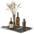 Elegant Liquor Bottles and Glass with Dried Flowers Vase Shaker on Tray