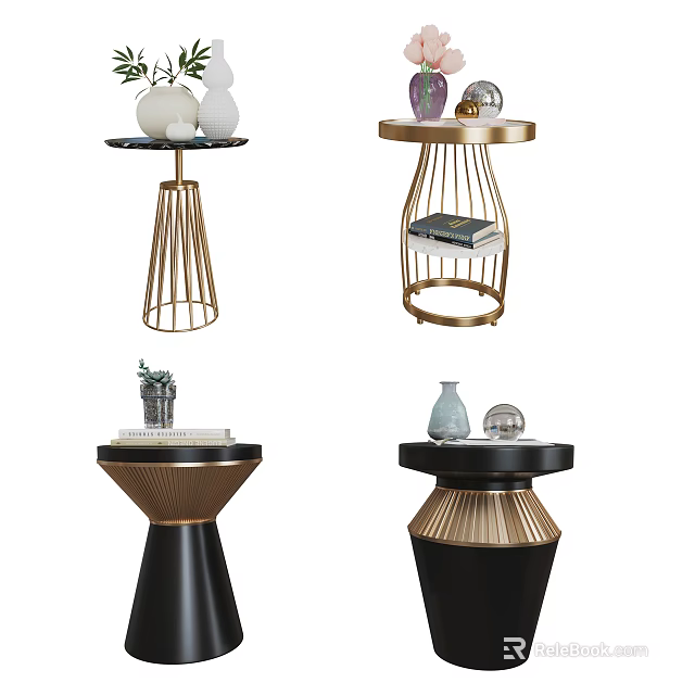 Stylish Modern Side Tables with Gold Metal Frames Black Tops and Decorative Elements 3d model