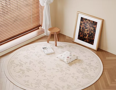 Beige Round Area Rug with Floral Pattern on Wooden Floor near Stool and Picture Frame 3d model