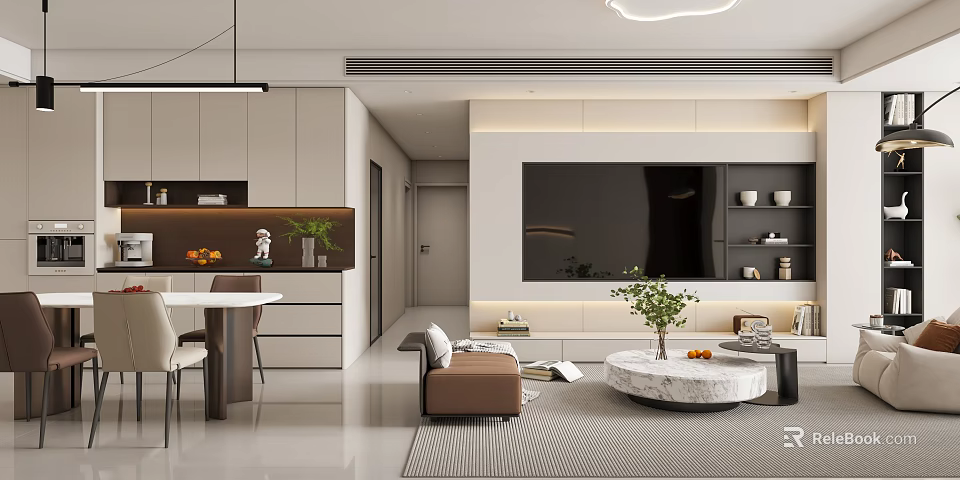 Modern Living and Dining Room Interior With Sofa TV Wall Dining Table And Green Plant 3d model 