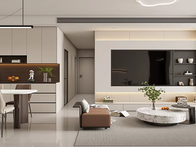 Modern Living and Dining Room Interior With Sofa TV Wall Dining Table And Green Plant 3d model