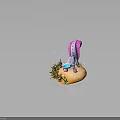 Blue Purple Creature With Pink Purple Decorative Tail In Green Orange Plants Grey Background